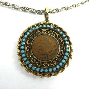 1903 Indian Head Wheat Wheatie Penny Filigree Turquoise Vintage Pendant Necklace
